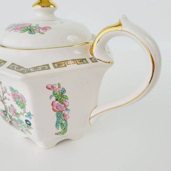 Vintage Sadler Indian Tree Teapot Hexagonal Shape Pink Oriental Floral Gold Trim - Picture 9 of 13